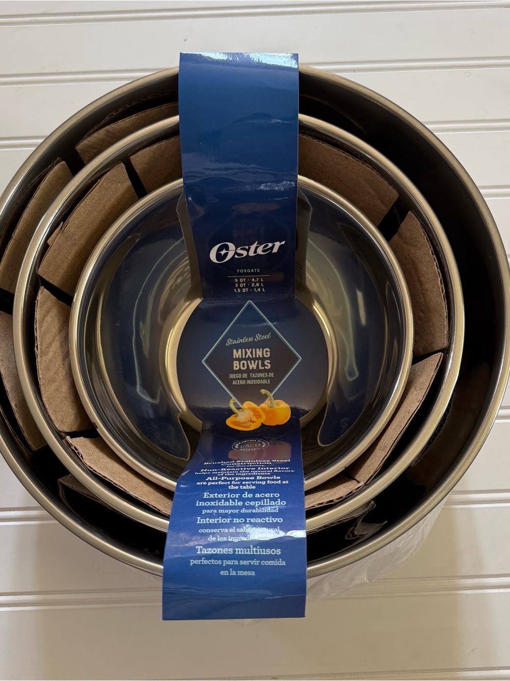 NWT Oster Stainless Steel Nesting Bowls Set of 3, 5 Qt,3 Qt,1.5 Qt Mixing,Serve